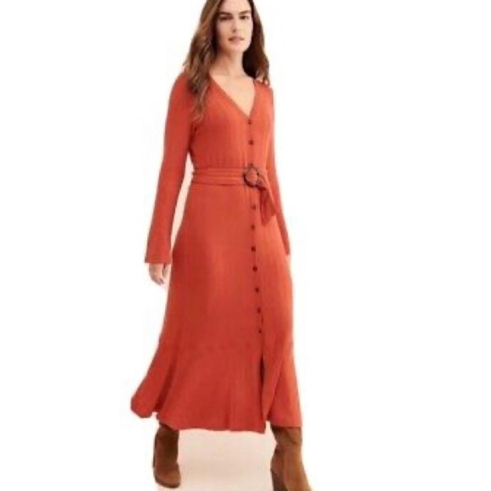 Anthropologie | Elsa Ribbed Rust‎ Maxi V-neck Button Front Belted Dress Small